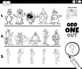 odd one out activity game with cartoon characters coloring page