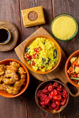 Traditional Israeli lunch couscous vegetables, chicken and dried fruits