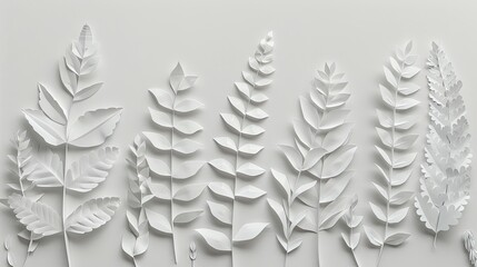 A minimalist composition featuring intricate paper art of delicate white leaves and flowers against a pristine white backdrop.