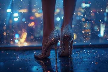 Sparkling High Heels with City Lights. Sparkling high heels worn against a backdrop of colorful city lights at night.