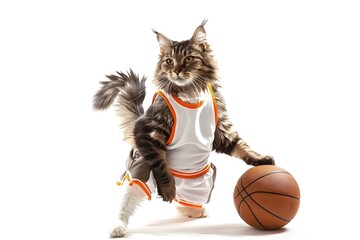 Playful Cat Dressed as Basketball Player on White Background