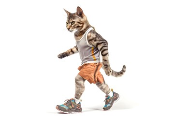 Fototapeta premium Energetic Cat Athlete in Sporty Running Outfit on White Background