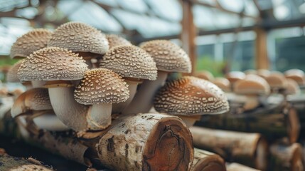A group of shiitake mushrooms growing on logs in a greenhouse emphasizes the cultivation of mushrooms at home for food or for scientific research