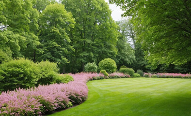 Beautiful Spring Nature Background with Trimmed Lawn, Trees, and Blue Sky on a Sunny Day