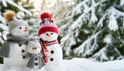 Cute snowman family celebrating Christmas in the snow. Ideal for greeting cards and posters.