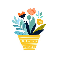 Isolated illustration of minimalistic delicate flowers in a yellow pot, designed in a folk style. Suitable for print, decoration, poster printing, home decor.