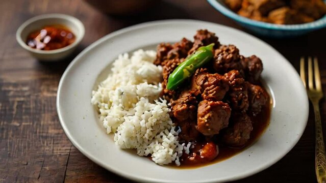 Spicy Indian Meat Curry with Rice and Green Chili
