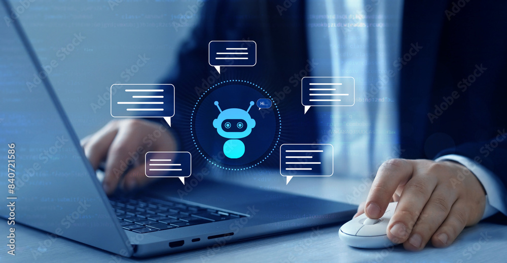 Poster Virtual assistant, artificial intelligence Bot and CRM software automation technology. Chat with AI.Customer person using chat service to get support.Online support Chatbot conversation.