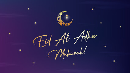 Eid Mubarak greetings text with Crescent Moon, Stars, and Arabic Lamp Animation. Celebrate Hajj, Eid al-Fitr, and Eid Holiday landscape banner.