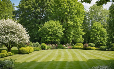 Beautiful Spring Nature Background with Trimmed Lawn, Trees, and Blue Sky on a Sunny Day