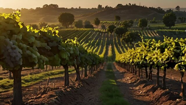 Vineyard Rows at Sunset: Golden Light Illuminates Grapevines