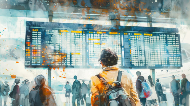 Closeup of a departure board displaying multiple delayed flights in a busy airport, watercolor illustration 
