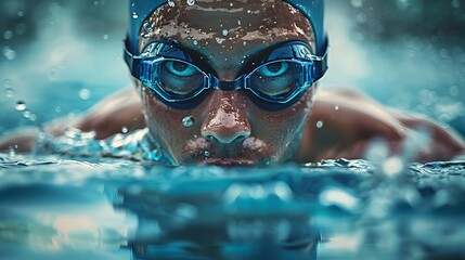 Fototapeta premium Determined Swimmer with Streamlined Underwater Form and Focused Facial Expression