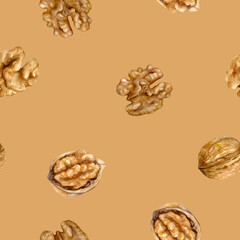 This is a seamless watercolor pattern featuring walnuts in shells and halves on a brown background