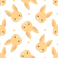 Seamless vector pattern. Cute faces of rabbits on white background . Vector illustration