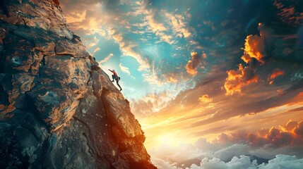 Climber Ascending Rugged Slope Under Dramatic Sunset Sky - Powered by Adobe