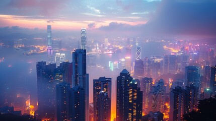 Fototapeta premium Hong Kong Skyline at Sunset With Fog and City Lights