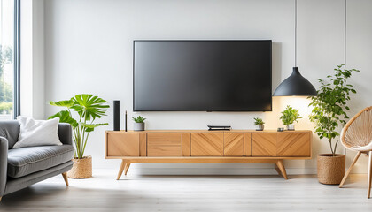 Interior living room Mockup, with cabinet and TV