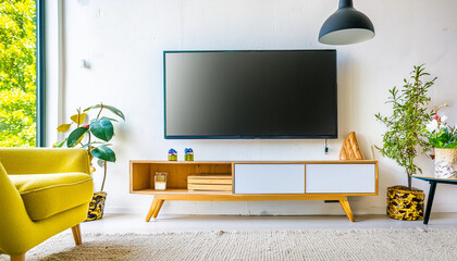 Interior living room Mockup, with cabinet and TV