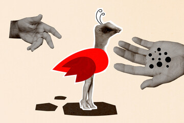 Collage artwork sketch of weird and unusual bird eating food male arm isolated on creative painted...