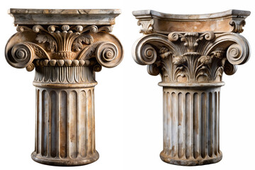 Old Greek corinthian column capital, rustic antique highly detailed isolated on transparent background PNG file