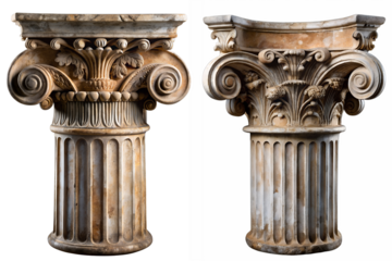 Old Greek corinthian column capital, rustic antique highly detailed isolated on transparent background PNG file