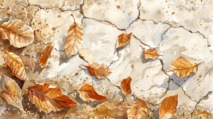 Closeup of dry, cracked soil in a plantation with dead leaves scattered around, watercolor illustration 