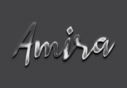 Chrome metal 3D name design of Amira on grey background.