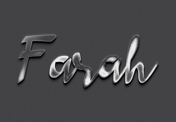 Chrome metal 3D name design of Farah on grey background.