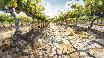 Closeup of parched grapevines in a drought-stricken vineyard plantation, with cracked earth beneath, watercolor illustration