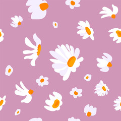 Seamless pattern white blue daisy Pink background wild flower postcard poster banner Spring summer Fabric clothes wrapping wallpaper template Textile