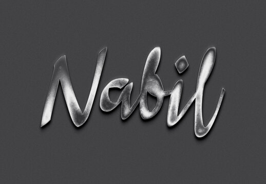 Chrome metal 3D name design of Nabil on grey background.