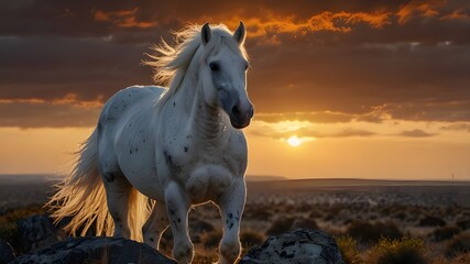 A majestic horse with a fiery mane, standing tall and proud on a rocky cliff overlooking the savannah.open feathers