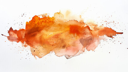 Expressive abstract watercolor blotches in orange and brown on a white background, empty space for text 