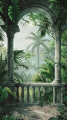 Drawn tropical, exotic plants and leaves among the columns. Floral background for mural, wallpaper, photo wallpaper, postcard, card. Loft, modern, classic design. AI generated illustration