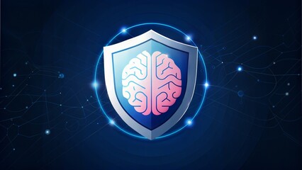 Shield with AI brain icon, futuristic tech background, neural network lines, secure and intelligent, cyber protection