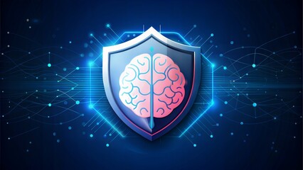 Fototapeta premium Shield with AI brain icon, futuristic tech background, neural network lines, secure and intelligent, cyber protection