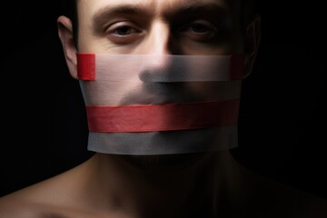 A close-up image of a bare-chested man with red tape over his mouth, suggesting themes of censorship and silenced speech. Man's Face with Red Tape Over Mouth