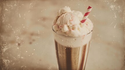 Boston Cooler, a vintage-style photograph. A tall glass filled with creamy vanilla ice cream, creating a foamy head. A red and white striped straw rests on the rim of the glass