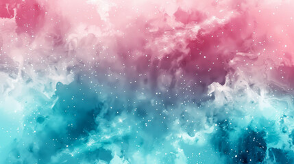 Fototapeta premium Gradient watercolor space with pastel pink and turquoise, abstract swirling galaxies, stars twinkling throughout, soft transition between colors, white background for text 