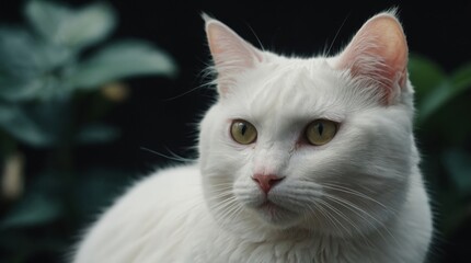 Close-up photo of a white cat looking sideways.