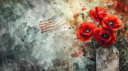 Low-angle shot of a tombstone with a red poppy flower placed on it, with an American flag in the background, watercolor illustration 