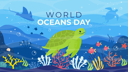 World oceans day . Background with sea. World oceans day background with underwater ocean, shinny light coral, sea plants, stingray and turtle. Template for background, banner, card, poster
