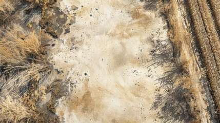 Overhead shot of an empty grain field with signs of erosion and neglect, representing the grain crisis, watercolor illustration 