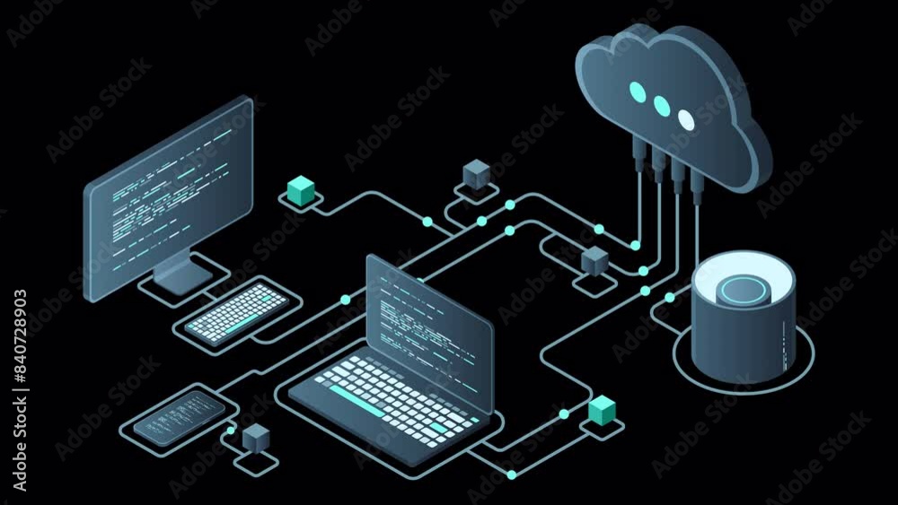 Poster cloud technology computing animation. modern cloud technology. data center isometric concept. isomet