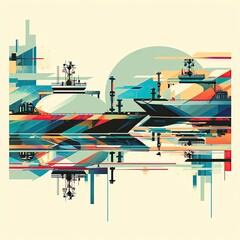 Oil tanker and gas tanker passing each other, retro-futuristic, pastel colors, geometric shapes, clean lines, pop art style