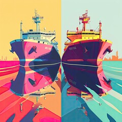 Oil tanker and gas tanker passing each other, retro-futuristic, pastel colors, geometric shapes, clean lines, pop art style