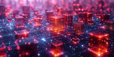 Fototapeta premium Futuristic cube in a digital grid with glowing points of light. Abstract technological background.