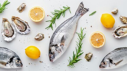 Fresh fish with lemon, oysters and herbs on a white background. Top view of seafood arrangement. Ideal for culinary blogs and cooking websites. Food styling theme and healthy eating concept. AI
