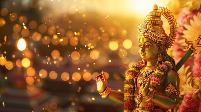 adorned statue of a Hindu deity, surrounded by golden bokeh lights and floral decorations